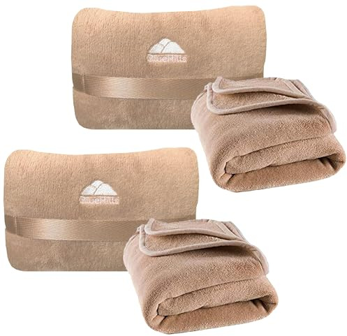 BlueHills 2-Pack Mini Premium Soft Plush Travel Blanket Pillow Airplane Essentials for Two in Bag Flight Traveling Warm Portable Plane Blankets Beige - M26