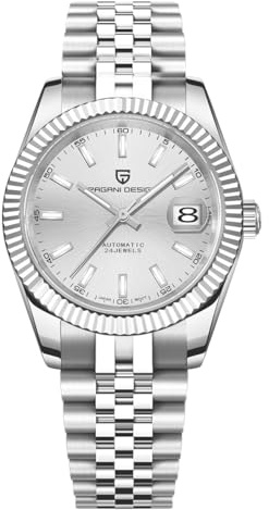 PAGRNE DESIGN Orologio automatico da uomo Movimento giapponese Cassa in acciaio inossidabile Quadrante in cristallo zaffiro 21 pietre oro Orologio di lusso PD 1645 (bianco argento)