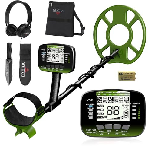 DR.ÖTEK Metalldetektor, Leicht Metalldetektoren Kit für Erwachsene und Kinder, Golddetektor mit wasserdichte Suchspule, Hochpräziser, LCD Display, Pinpoint, DISC, All Metal, und 3 Terrain-Mods, Grün