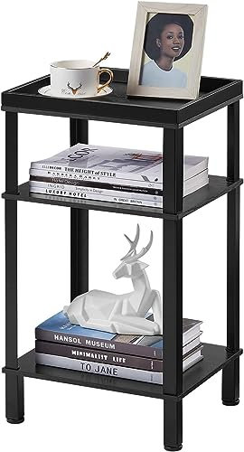 YEAKOO Side Table for Small Spaces,3 Tier End Table with Metal Tabletop Tray Storage Shelf, Small Narrow Thin End Table Bedside Table,Nightstand for Hallway,Living Room, Bedroom, Office/Black