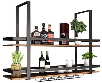 Takhylla – 2 nivåer hängande vinglashållare, kök hängande förvaringsställ, väggmonterad massivt trä vinglashållare med skyddsskenor, för kök/LOFT/bar (storlek: 80 x 30 x 80 cm (31 x 12 x 31 tum