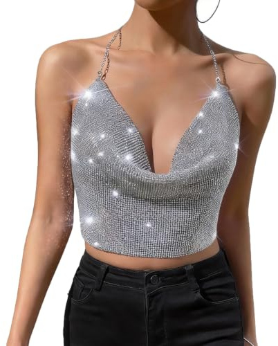 Sequin Body Chain Top Shining Camisole Crop Tops Deep V Chain Vest Nightclub Tops Strapless Club Party Body Sparkle Cami Top (Silver)