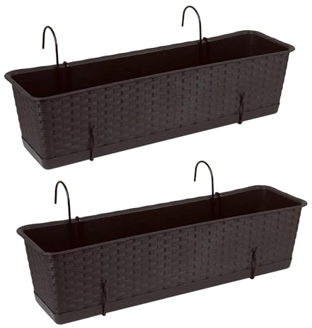 Tymar Blomlåda balkong med hållare, balkonglåda, 2 stycken, rotting, växtlåda av plast ((2-pack) brun, 60 cm)