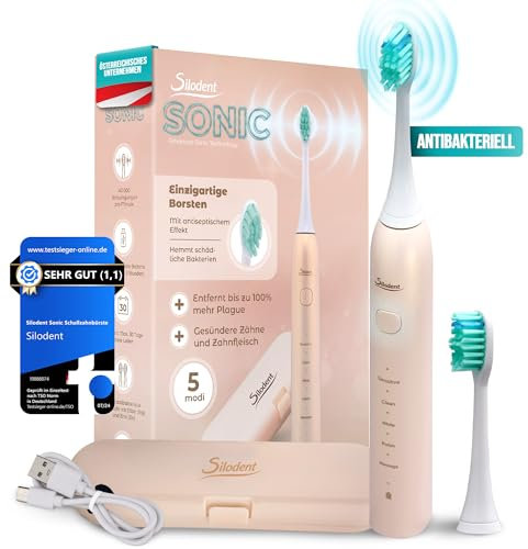 Spazzolino sonico Silodent | Spazzolino elettrico con setole antisettiche | Spazzolino da denti premium Champagne con 5 programmi e custodia da viaggio | Testine compatibili con Philips Sonicare