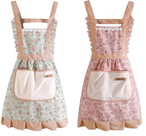 Hwtcjx 2 Piezas Delantal Antiincrustante y Ajustable, Delantal de Cocina, Mandiles con Bolsillos para Cocinar y Hornear para Mujeres, Hombre y Pareja, Flores (Verde+Rosa)