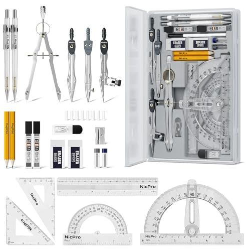 Nicpro 22 PCS Compass Geometry Tools with Case, Drafting Tools Geometry Set with Swing Arm Protractor, Rulers, Metal Compass, Square Set, Mechanical Pencil, Back to School Supplies for Students