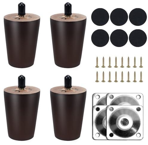 COEWUR 4 Pezzi Gambe per Mobili in Legno 8cm Noce Piedini per Mobili Massello con Piastra di Montaggio Feltrini Viti Piedini per Letto Divano Armadio Poltrona Tavolo