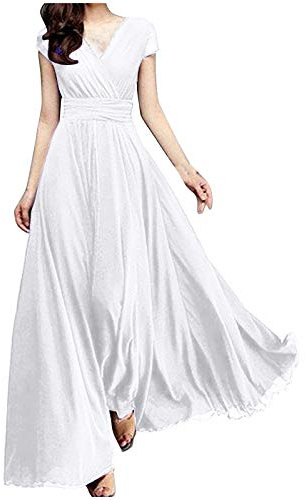 Abito in chiffon da donna, lungo, elegante, da sera, per matrimonio, con maniche corte, scollo a V, da cocktail, a vita alta, abito avvolgente, da festa, a tinta unita, da tempo libero, bianco, L