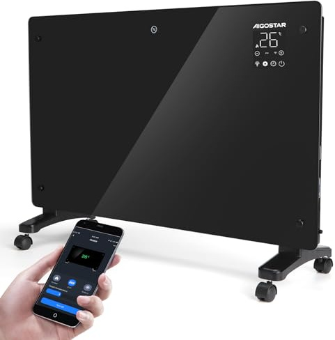 Aigostar Smart WiFi Glass Panel Heater, Alexa Heating Control - 1500W Ultra-Thin Space Heater, Wall Mount or Floor Use, Quiet Touch Control with Timer & Eco Mode for Bedroom/Office - Holly Smart