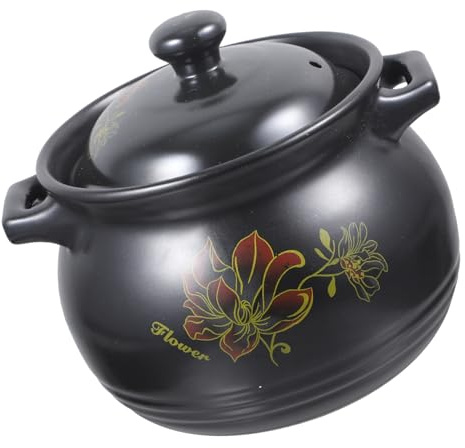 Amosfun Olla De Cerámica Negra Con Diseño Floral Cazuela Para Sopa y Guisos Depósito De Calor Uniforme y Ahorro De Gas Apta Para Cocina De Gas y Fácil De Limpiar