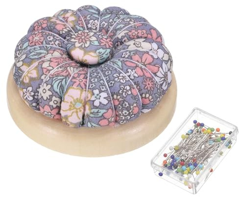 QUARKZMAN Portaspilli con 50 PCS Spilli da Cucito, Carino Cuscino Ago Stile Giapponese Portaspilli Magnetica Base in Legno per Cucito Trapunte Ricamo Lavoretti Fai da Te, Grigio Floreale