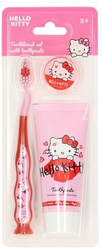 Hello Kitty Kit de brosse à dents pour enfant avec dentifrice, poils souples, avec ventouse, pour filles et garçons à partir de 3 ans, kit de brossage des dents de voyage fluoré, rose, 50 ml