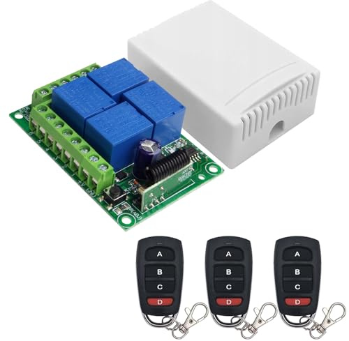 GOEDCH Receptor de relé inalámbrico RF 433MHZ: DC 12 V 4 canales mando a distancia receptor de relé con 3 mandos a distancia, interruptor de control remoto inalámbrico universal para luces de puerta