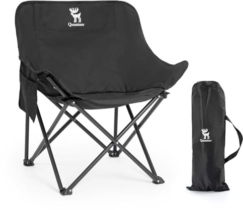 Qunature Vikbar campingstol med sidoficka, ergonomisk design, fiskestol upp till 120 kg, lätt bärbar kompakt stol med bärhandtag för picknick, resor, camping, backpacking, svart