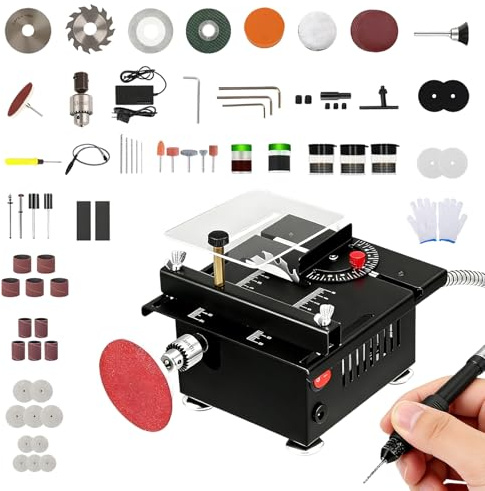 Kocusu Mini Tischkreissäge, 100W Multifunktionale Kreissäge mit 4 Klingen, 7 einstellbare Geschwindigkeiten, 8000RPM, 0-90° Schneiden Präzisions Table Saw für Holz, Acryl, Metallschneider
