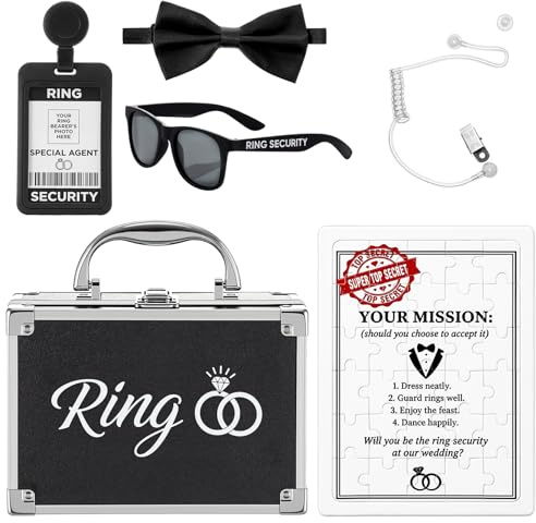 Viozakanry Juego de 7 anillos de seguridad para portador de boda, caja portadora de anillos, gafas de sol, pajarita, funda para tarjetas, rompecabezas personalizado, tarjetas personalizadas para