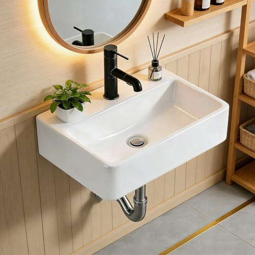 NUESTRA VIDA Lavabo colgante de pared de cerámica blanco, rectangular, 40 x 29,5 x 12 cm, lavabo con orificio para grifo sin rebosadero, lavabo pequeño para invitados