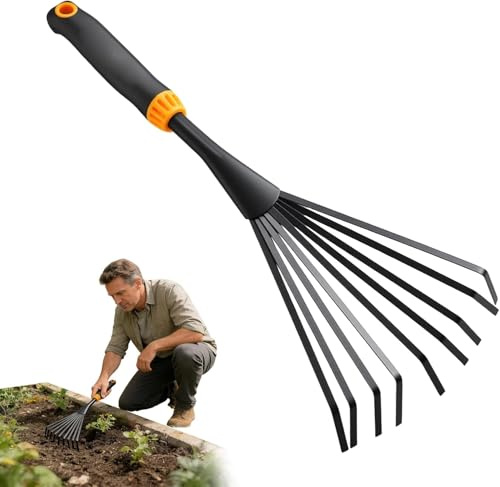 Rastrillo de mano de acero inoxidable para jardinería, rastrillo de mano para jardinería, mini rastrillo de jardín de 38 cm, 9 abanicos de raíz de acero, rastrillo de hojas, rastrillo de césped y