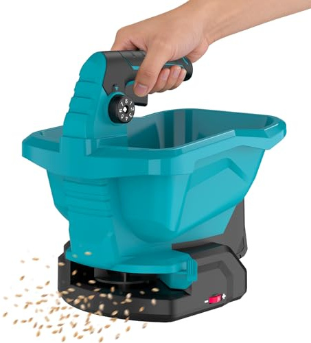 buusace Spargitore elettrico a batteria da 3,3 l, 6 velocità e 8 livelli di scarico, larghezza di diffusione 105-140°, portatile per la cura del prato, semina da giardino, ricaricabile (no batteria)
