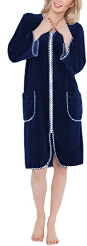 Aquarti Peignoir de Bain Court Manches 3/4 Velours pour Femme Robe de Chambre Zippee, Bleu Foncé, L