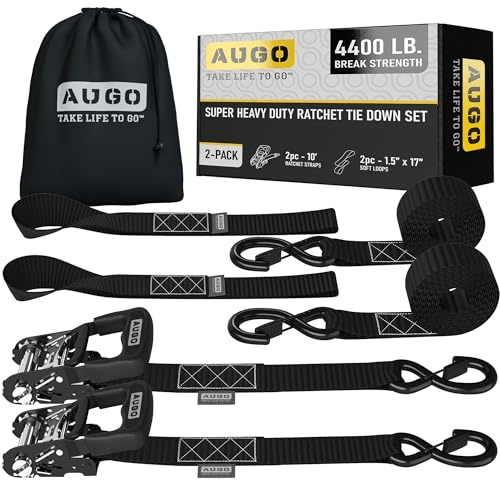 AUGO Ratchet Tie Down Straps 4 PK, 15 FT, 2,200 LB Break Strength, Safety Lock S Hooks for Cargo & Motorcycles, Includes Bungee Cords, Soft Loops & Storage Bag, Black, 2 Pack - 2000 KG