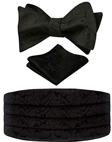 Alizeal Mens Classic Paisley Self-tied Adjustable Bow Tie, Cummerbund and Pocket Square Set, Black