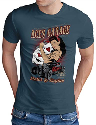 OM3® ACES-Garage T-Shirt - Herren - Motor Engine Power Hod Rod Amercian Cars - Denim, L