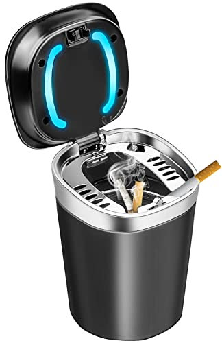 Auto Aschenbecher, Tragbare Edelstahl Aschenbecher Auto mit LED Licht und Deckel für Auto Haus Büro