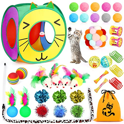 37 PCS Interactive Kitten Toys for Indoor Cats - Variety Set With Collapsible Tunnel Tube Tent, Feather Teaser Wand, Bell, Fuzzy Ball, Spring, Mouse, and Catnip