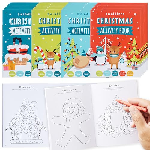 THE TWIDDLERS Set di 24 Mini Libri di attività Natalizie. Includono Disegni da Colorare, Puzzle e Giochi per Riempire Le Calze Natalizie e Come Ricompense di Classe
