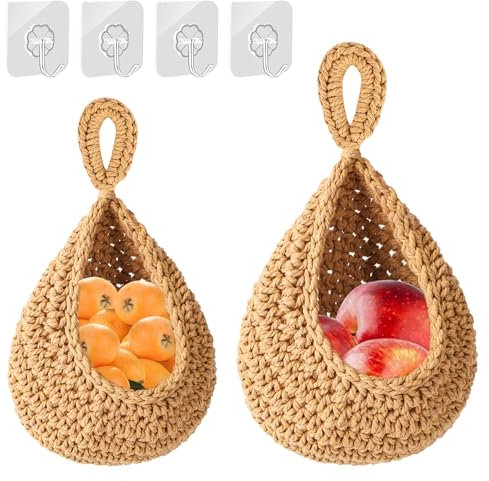 AKONE 2 cestini per frutta da appendere, intrecciati, da cucina, per conservare frutta, da appendere alla parete con gancio, cesto di frutta in stile bohémien per riporre la cucina