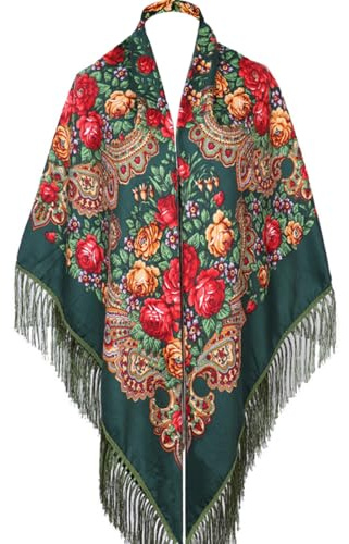 Russian Style Muffler Scarf Women's Traditional Scarf Wrap with Tassel Neck Head Retro Shawl Fringes Printing Cape/Green
