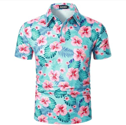 AIOIDI Kokospalmer Tryck Bomull Polotröja Herr Kortärmad Bas T-shirt Poloskjorta, Blåa blommor, XXL