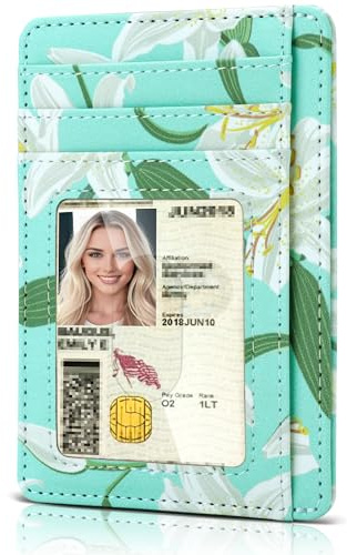 Teskyer Women Card Holder Wallet, Slim Credit Card Wallets, Minimalist, RFID Blocking, 1 ID Window, Holds up to 8 Cards, White Lily