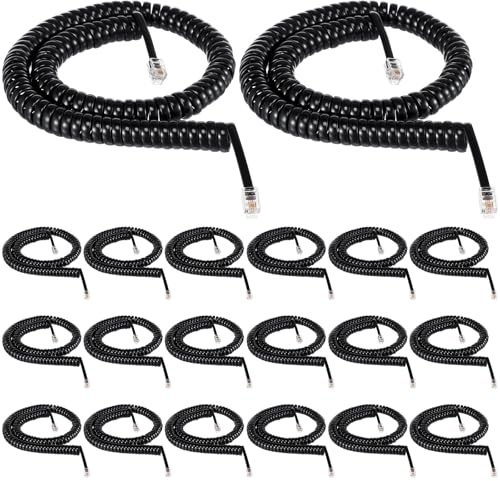 Kanayu 20 Pcs 25 Feet Long Black Phone Cords for Landline Coiled Phone Handset Cord Telephone Cord Bulk for Use with All Corded Landline Telephone Line Replacement Cable Accessory