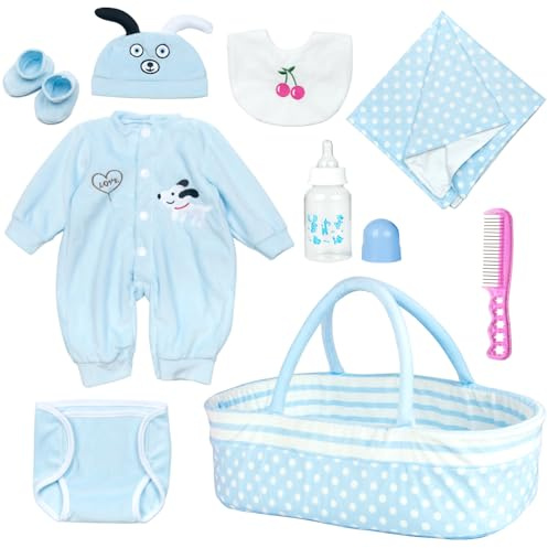 PEDOLLTREE Reborn Baby Dolls Clothes Boy Outfit Accessories Blue Puppy 9 Pcs Set for 17-20 Inch Reborn Doll Newborn Boy with Blue Dot Bassinet