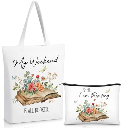 Xuniea 2 Pcs Book Lovers Tote Bag Gifts for Book Lovers Reusable Shoulder Makeup Bag for Birthday Include My Weekend Is All Booked Readers
