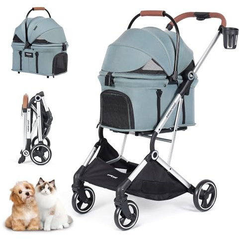 Beberoad Pets T3 Pro 3-i-1 hund katt barnvagn för små medelstora hundar katter, vikbar lätt avtagbar bärare, husdjur, Gear resa, hundvagn grön
