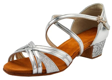 missfiona Girls Ballroom Dance Shoes Kids Womens Latin Salsa Low Heel Shoes Glittery