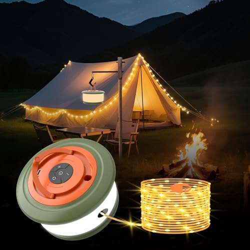 Phylosal Camping String Lights, 3 in 1 Outdoor Camping Light with 6 Lighting Modes, Quick Storage 32.8FT Rechargeable Tent Lantern, Portable LED Hanging Light for Outdoor Patio Awning Garden Party