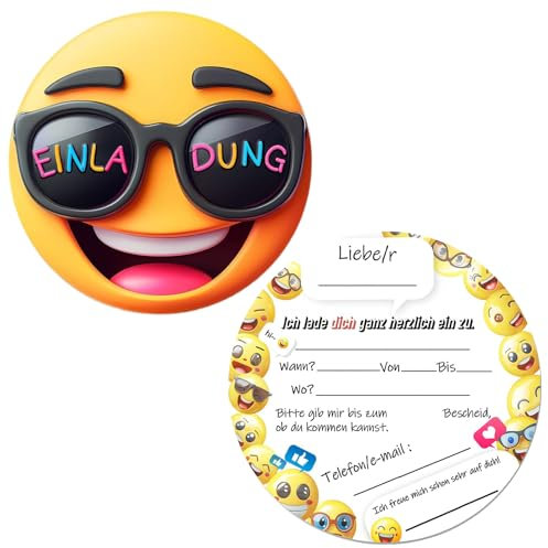 Generisch 15 x Smiley Einladungskarten Kindergeburtstag – Ø13,5 cm – Lustige runde Einladungskarten für Jungen & Mädchen, Geburtstagskarten mit fröhlichem Smiley-Design