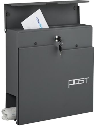 Relaxdays Boite aux Lettres, Design Moderne, en métal, 4 clés, Porte-journaux, H x L x P : 38 x 37 x 12 cm, Anthracite