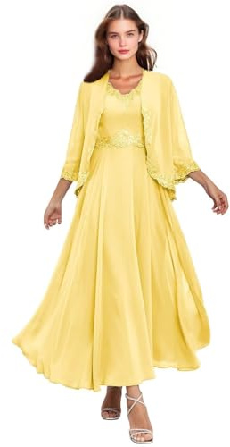 Lot de 2 robes de mère de la mariée en mousseline de soie avec veste à manches 3/4 en dentelle - Robe de soirée formelle longueur thé robe d'invité de mariage, jaune, 38