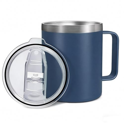 Byitin Mug Isotherme Café 360ml en Inox 304 avec Poignée, Tasse Isotherme Hermétique à Double Paroi avec Couvercle Anti-Fuite, Travel Tumbler pour Bureau, Maison et Voyages（Bleu）