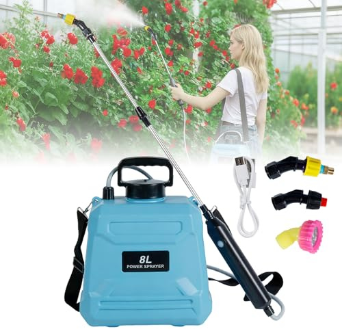 Aolawco Spruzzatore a pressione da 8 l, batteria da giardino con 3 ugelli regolabili, asta retrattile, manico ricaricabile USB, tracolla regolabile, siringa elettrica per giardino, prato