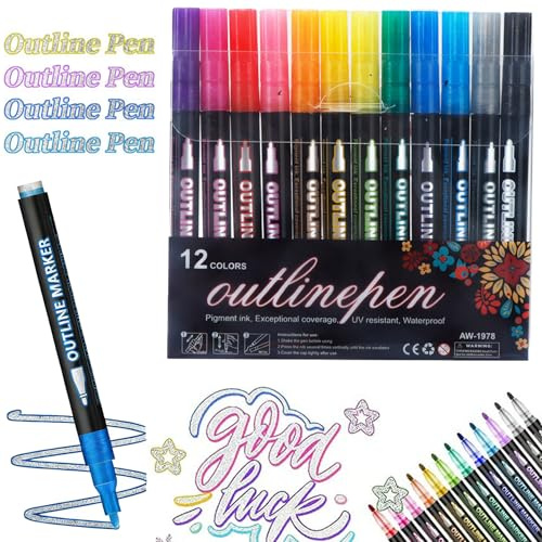 Dreamy Sparkle Dual-Line Contour Pen, 12/24/36/48 Colors Self Outlining Glitter Markers, Double Line Super Squiggles Glitter & Metallic Markers for DIY Art Crafts and Greeting Card (12 Colors)