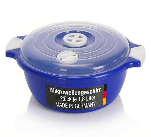 Lantelme Ciotola per microonde da 1,8 litri con valvola a vapore, prodotta in Germania, impilabile, lavabile in lavastoviglie, ciotola in plastica per forno a microonde, frigorifero, congelatore (blu)