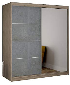 MOEBLO Kleiderschrank Schwebetürenschrank 2-türig Schrank mit zusätzlichen Stauraum (Schrankaufsatz) vielen Einlegeböden und Kleiderstange Gaderobe Schiebtüren BxHxT 183x218x61 - Beton (Sonoma)