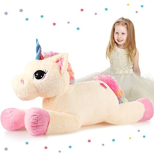 32 Zoll Plüsch Riesen Einhorn Spielzeug Beige Einhorn Kuscheltier Süß Übergroßes Plüsch Kissen Weich Groß Puppe für Einhorn Mädchen Geburtstag Dekoration