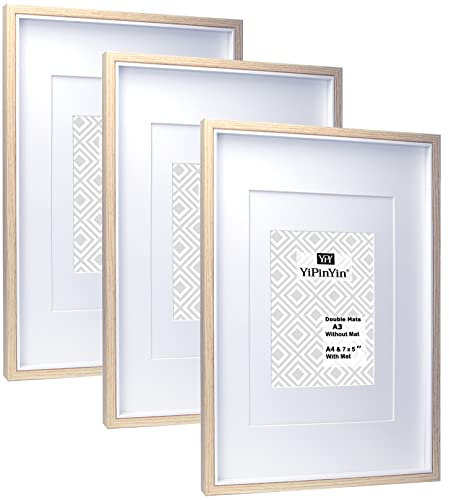 A3 Wooden & white Two Tone Picture Frames Set of 3 with Double Mounts for A4 & 6x8 photo, A4 boxed photo frames for 3pack, A3 wooden Poster Frame with Mount for picture Frames